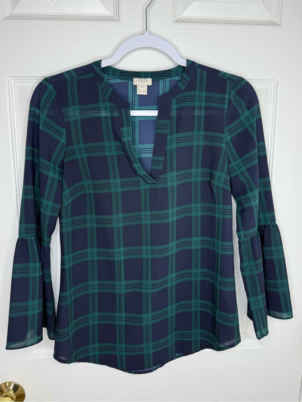 J.Crew XXS Navy Teal Plaid Bell Sleeve Blouse